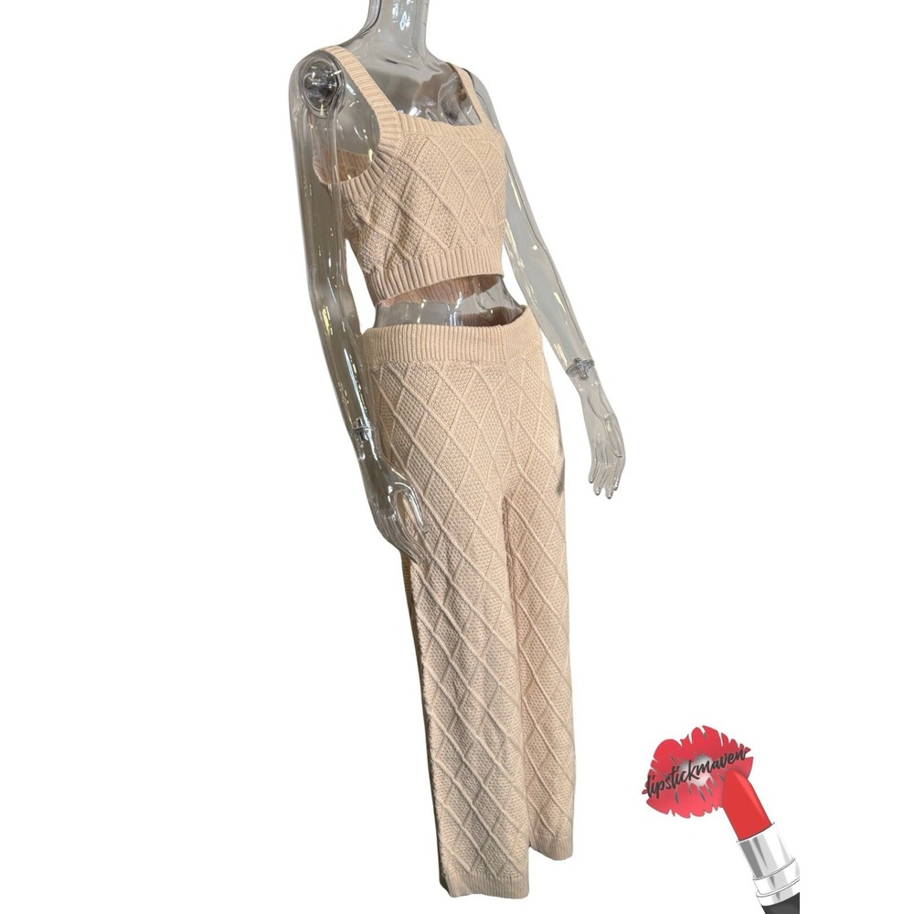 Womens Knit Set Medium Tan Neutral Two‎ Piece Crop Top Flare Pants NWT Baevely - Picture 2 of 12